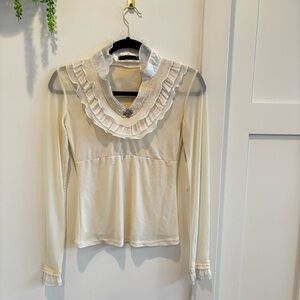 Euro Qian Wan Zi CC Angel Cream Micro Mesh Pearl Gems & Ruffle Long Sleeve L